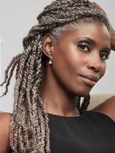 braids braided walda laurenceau Gray Braids Hairstyles, Gray Braids, Grey Locs, Grey Box Braids, Grey Hair Braids, Gray Blonde, Blonde Natural Hair, Grey Hair Don't Care, Hairstyle Braided