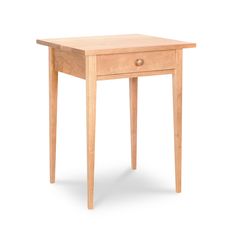 a small wooden table with one drawer on the top and two legs at the bottom