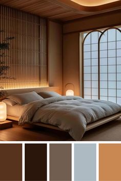 a large bed sitting in a bedroom next to a window with lots of light on it