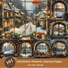 the christmas window journal pages are filled with holiday decorations and windows, all covered in snow