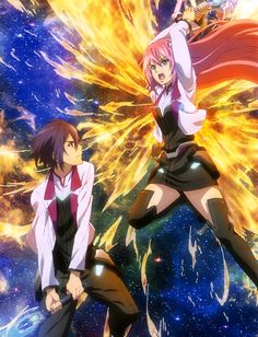 two anime characters standing in front of a space background with bright lights and fireworks behind them