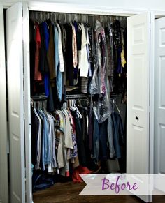 an open closet with clothes hanging on hangers and the words before written in purple