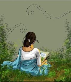 a painting of a woman sitting in the grass reading a book with dotted lines above her head