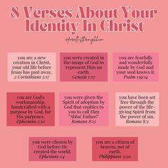 a pink poster with the words 8 verses about your identity in christ