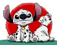 a cartoon dalmatian dog sitting next to a puppy on the ground with its ears up