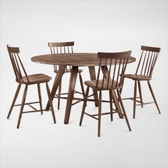 a wooden table with four chairs around it and one chair on the other side that has two barstools