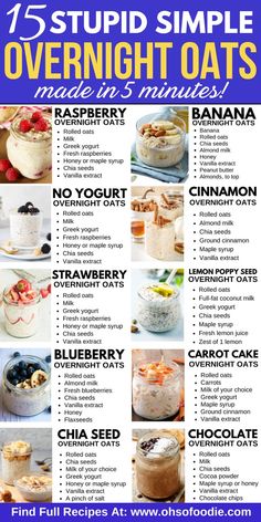 Text reads 15 Stupid Simple Overnight Oats Made in 5 Minutes! Overnight Oats Lemon, Overnight Oats Raspberry, Overnight Oats Cinnamon, Overnight Oats Strawberry, Overnight Oats Blueberry, Overnight Oats Banana, Overnight Oats Without Yogurt, Oats Strawberry, Simple Overnight Oats