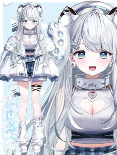 an anime character with long white hair and blue eyes is standing next to another character