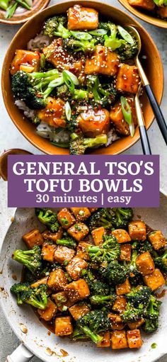 two bowls filled with tofu and broccoli