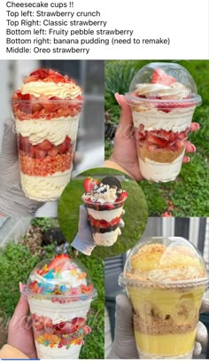 there are many pictures of different desserts in the same cup, and one has an ice cream sundae on top