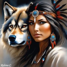 a painting of a woman and a wolf with feathers on their head, both looking at the same direction