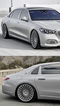 two pictures of the same car side by side, one is silver and the other is white