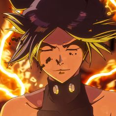 an anime character in front of fire with his eyes closed and hair blowing back to the side