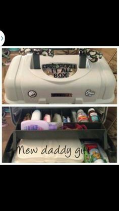 an open suitcase with items in it and the words new daddy gift written on top