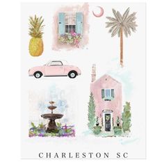 a pink car is parked in front of a house and pineapples on the window sill