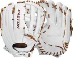 a baseball glove that is white with gold stitchs and the words easton on it