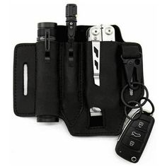 a cell phone and car keys in a black pouch with two lighters on it