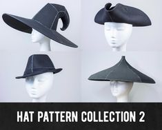 Everybody loves hats! Just put on a witch hat - and you're a witch! Simple as that! They are great for all kinds of different costumes and super easy to build! This foam hat pattern collection includes 4 different designs including a curly witch hat, a fedora, a pirate tricorn hat and a curved straw hat! Just print them out, trace all pieces to foam and glue them together! All hats also come with a sizing chart that tells you in what scale you need to print them out to fit your head. All hats ar Eva Foam Cosplay, 5k Costume, Pirate Pattern, Puppet Building, Make Your Own Hat, Foam Cosplay, Tricorn Hat, Foam Armor, Female Armor