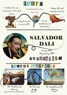 an advertisement for salvador dalii's famous paintings, including pictures and captions