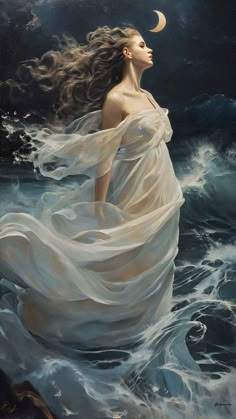 a painting of a woman floating in the ocean with her hair blowing in the wind