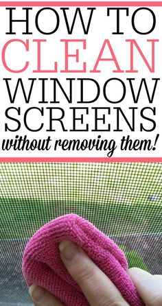 a hand holding a pink cloth with the words how to clean window screens without removing them