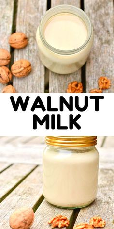 a jar of walnut milk sitting on top of a wooden table next to some nuts