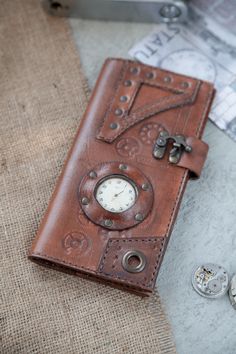 Retro Steampunk, Travel Wallet Organizer, Old Watch, Leather Billfold, Brown Leather Wallet, Old Watches