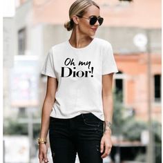 White Shirt With Black Lettering, Relaxed Fit. Sleeves Are Standard And Can Be Rolled Up, Cute For Layering And Leggings. 100% Cotton Unisex T-Shirt Relaxed Fit Chanel Tee, Chanel T Shirt, Maker Ideas, Yellow Floral Top, Dior Shirt, Cute Shirt Designs, Fashion Diva, Stitch Shirt, Tshirt Ideas