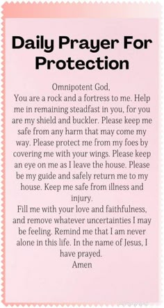 a pink paper with the words daily prayer for protection