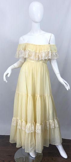 Pretty Yellow Dresses, 70s Prom Dress 1970s, Yellow And White Outfit, Victorian Dress Yellow, Yellow Lace Patchwork Summer Dress, Yellow Fitted Cottagecore Dress, 70s Hippie Aesthetic, Yellow 1800 Dress, 70s Prom Dress