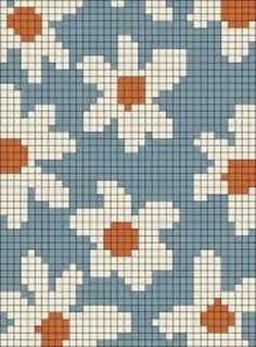 a cross stitch pattern with orange and white flowers on blue ground, as well as the background