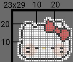 a cross stitch hello kitty with red bow on it's head in a square frame