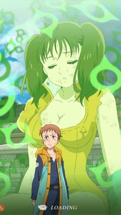 an anime character with long green hair standing in front of a woman's body