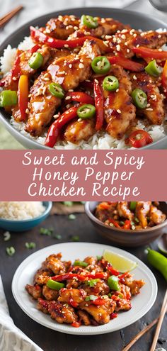 sweet and spicy honey pepper chicken recipe on a plate with chopsticks next to it