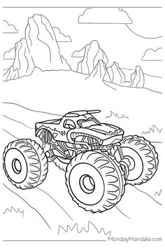 the monster truck is going down the hill coloring page