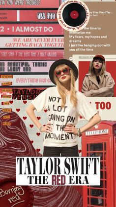 a collage of photos with the words taylor swift and red phone booth on it