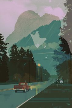 a car driving down a road next to tall trees and mountains in the background with clouds