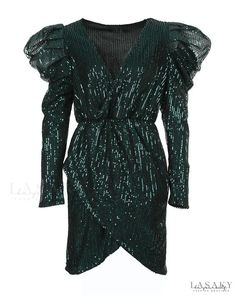 Lasaky - Gathered Sequin Dress with Leg Sleeves Green Sequin Dress For Winter, Green Sequined Winter Dress, Green Sequined Dress For Fall, Glamorous Green Winter Dresses, Winter Ruffle Dresses For Night Out, Winter Night Out Dress With Ruffles, Winter Ruffle Dress For Night Out, Winter Ruffled Dress For Night Out, Chic Green Sequin Dress