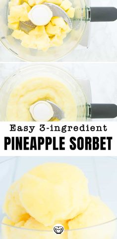 two pictures showing how to make pineapple sorbet in a food processor, and then