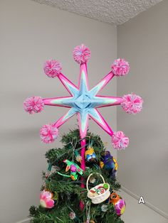 a decorated christmas tree with pink and blue decorations