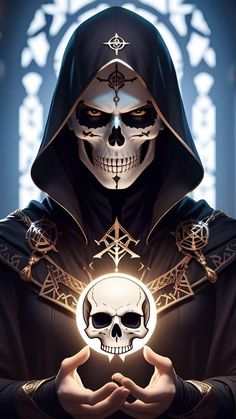 a skeleton holding a crystal ball in his hands and wearing a hooded outfit with a hood on