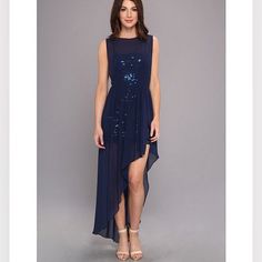 Beautiful Blue High-Low Dress With Sequin Dress Under. Perfect For A Teenagers Homecoming Dress! Dresses For Formal Events, Blue High Low Dress, Dark Ink, Bcbgmaxazria Dresses, Stylish Fashion, Sequin Dress, Formal Event, Homecoming Dresses, Evening Dress