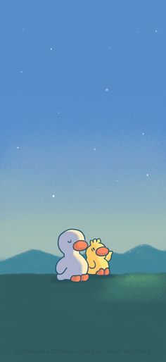 two cartoon animals sitting on top of a hill under a sky filled with stars and moon