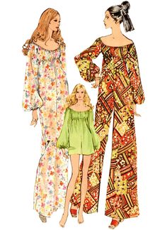 two women's pajamas and one woman's dress, both in different patterns