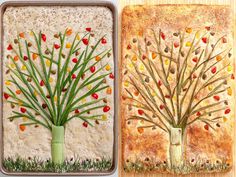 two trays that have food in them with trees painted on the top and bottom