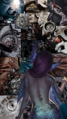 a woman with purple hair and tattoos standing in front of a collage of images