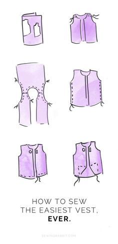 the instructions for how to sew vests in different styles and colors, including purple