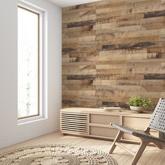 a room with a chair, rug and wooden wallpaper on the walls in it