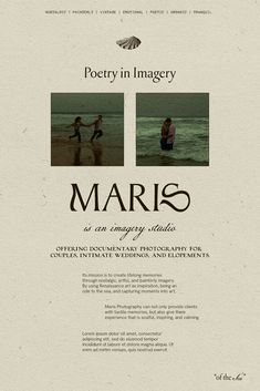 an advertisement for the poetry in imagery series, with two people walking on the beach