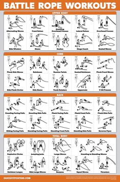 the battle rope workouts poster is shown in orange and white, with instructions on how to